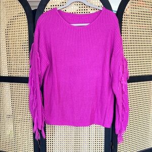 Vibrant Pink Knit Sweater with Fringe Sleeves